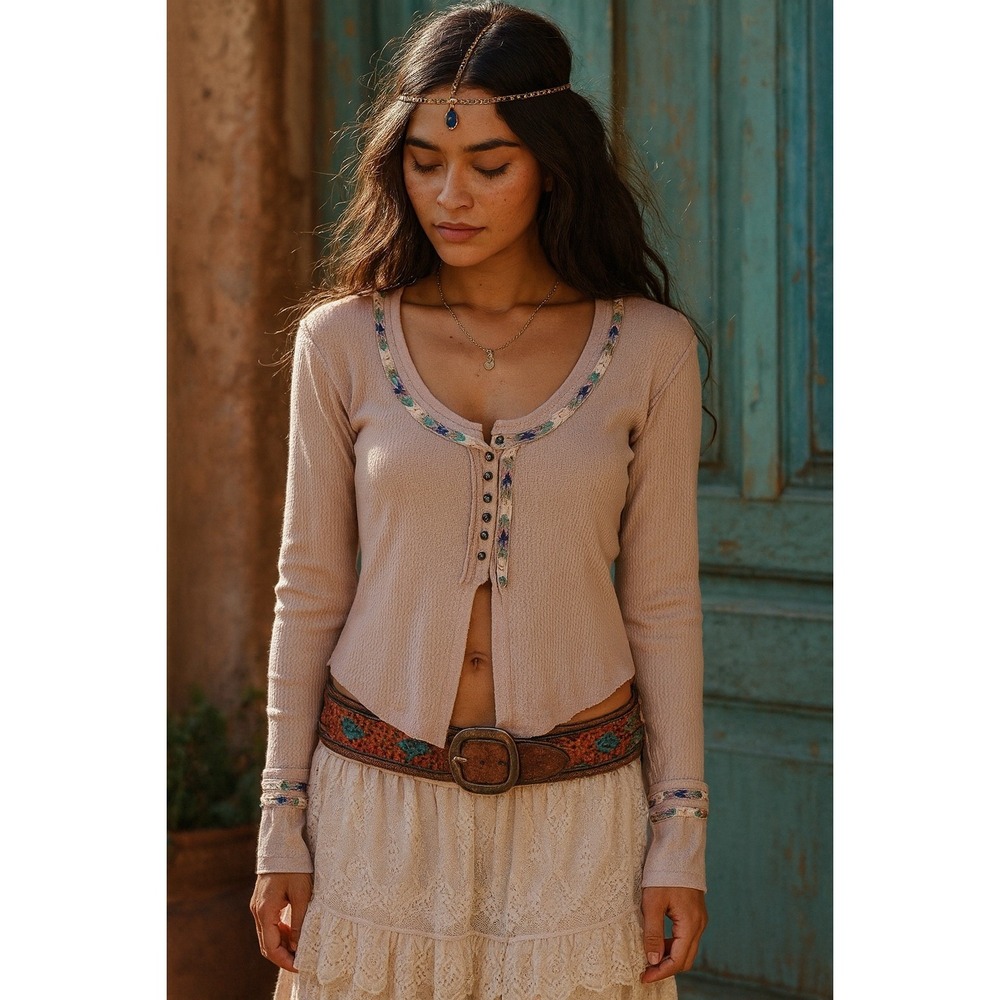 Free People Dusty Thermal Henley Crop Top XS Boho Fall Summer Festival Artisan